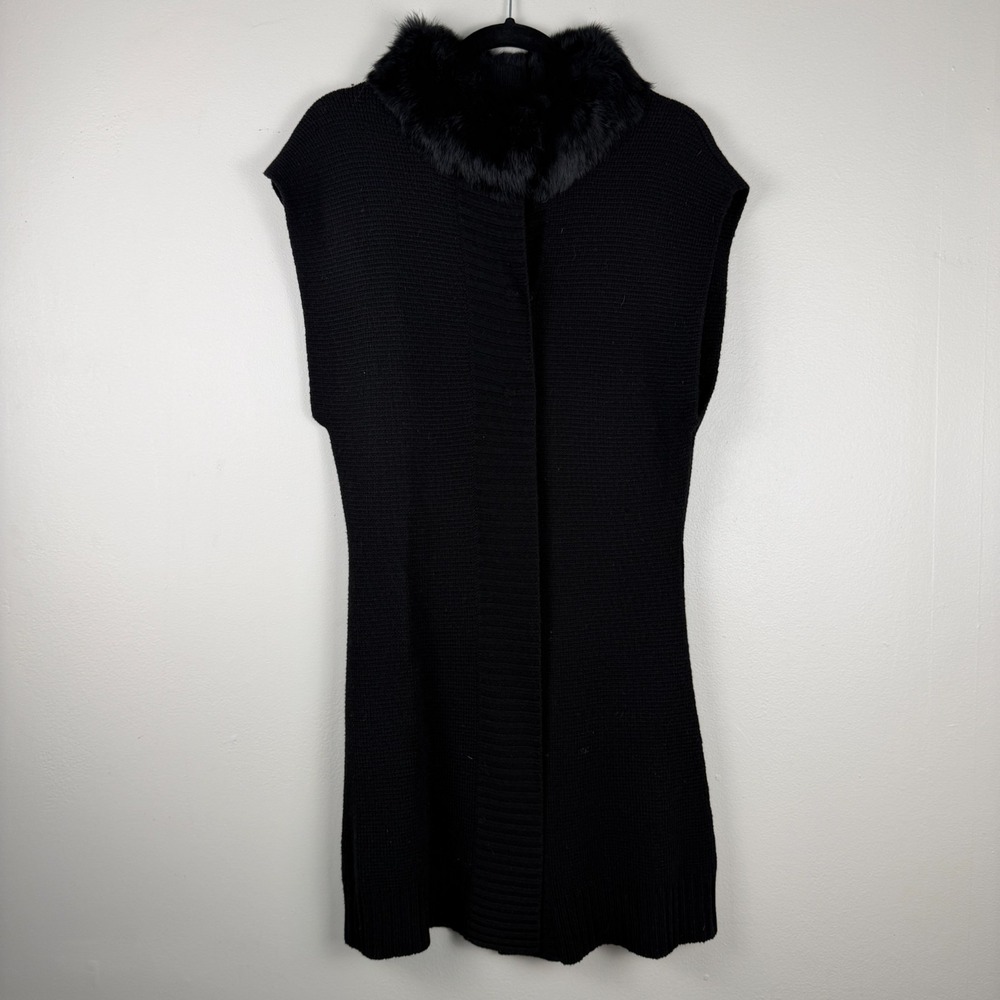Alice + Olivia Sweater Vest Womens M Black Wool Blend Sleeveless Faux Fur Collar